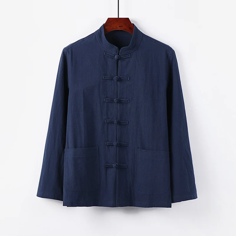 Herren traditionelle Tang-Jacke mit Stehkragen und Knotenknöpfen aus Leinenmischung Nord Taschen