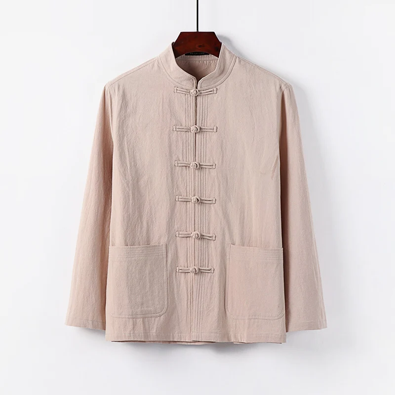Herren traditionelle Tang-Jacke mit Stehkragen und Knotenknöpfen aus Leinenmischung Nord Taschen