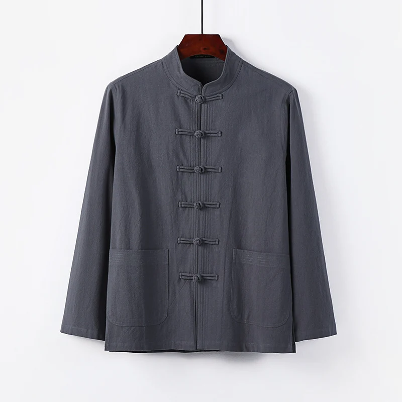 Herren traditionelle Tang-Jacke mit Stehkragen und Knotenknöpfen aus Leinenmischung Nord Taschen
