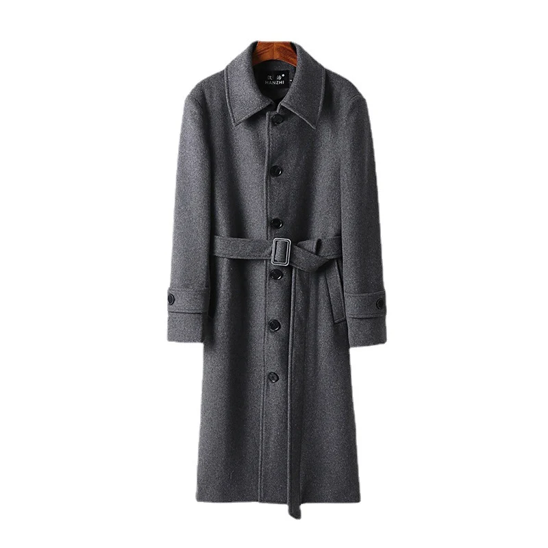 Herren taillierter Maxilanger Wollmix‑Mantel mit Bindegürtel und Kentkragen Nord Taschen