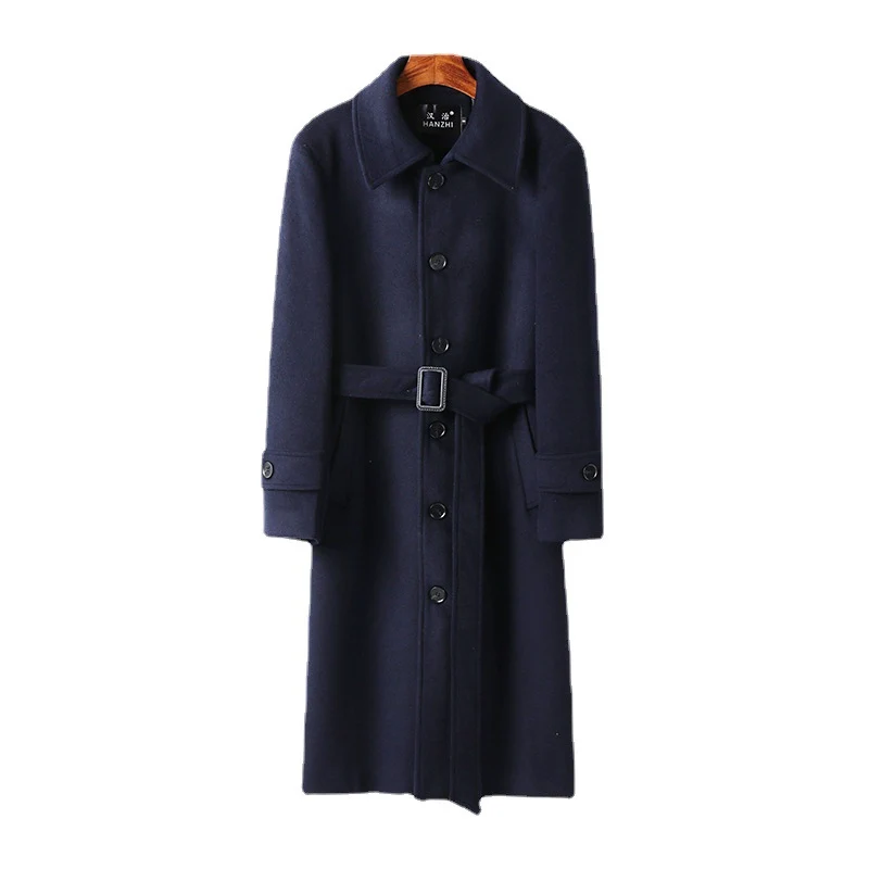 Herren taillierter Maxilanger Wollmix‑Mantel mit Bindegürtel und Kentkragen Nord Taschen