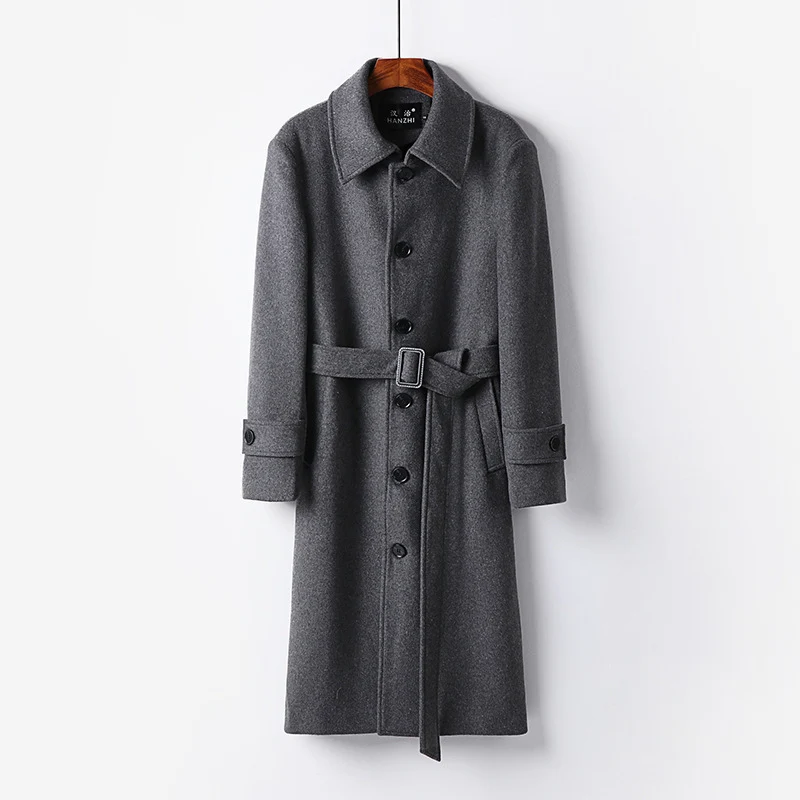 Herren taillierter Maxilanger Wollmix‑Mantel mit Bindegürtel und Kentkragen Nord Taschen