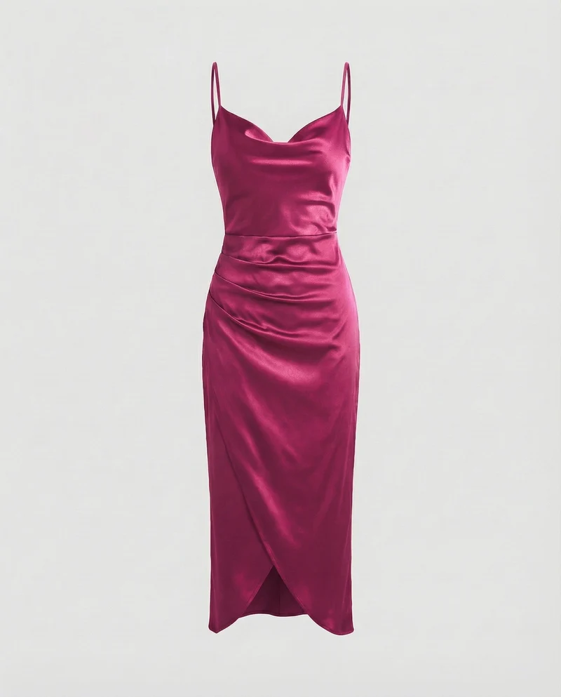 Damen Satin-Slipkleid Wasserfall-Ausschnitt Beinschlitz