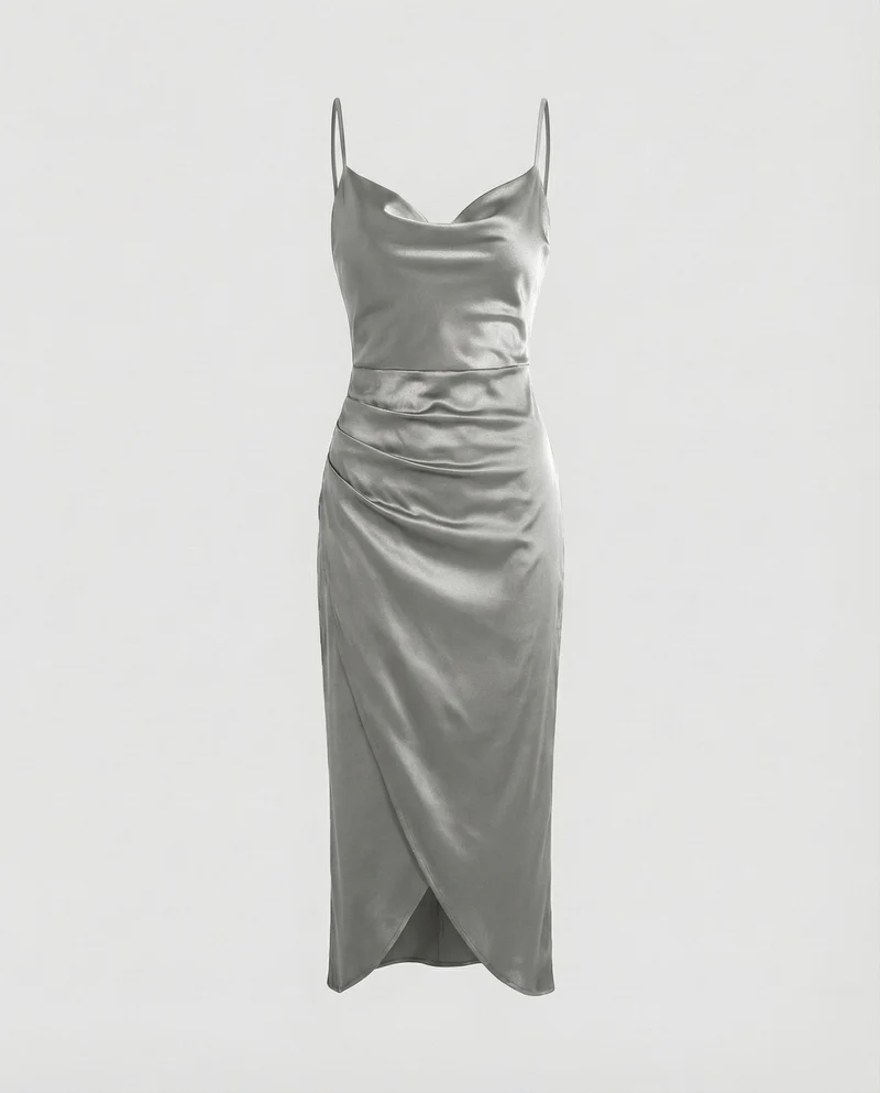 Damen Satin-Slipkleid Wasserfall-Ausschnitt Beinschlitz