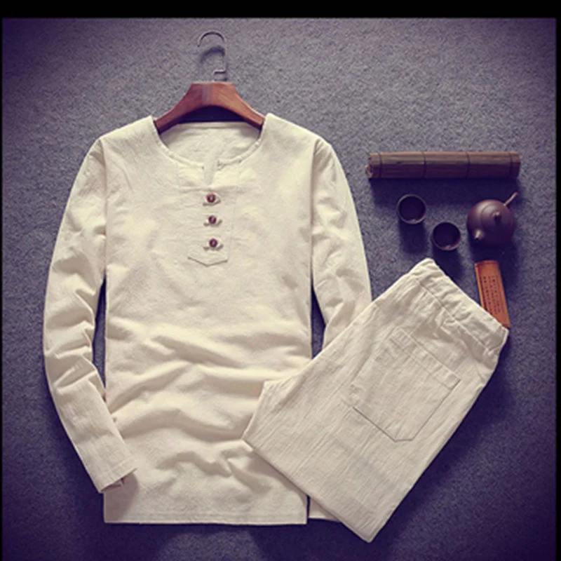 Herren Langärmeliges Henley-Loungewear-Oberteil mit Stehkragen und dekorativer Knopfleiste Nord Taschen