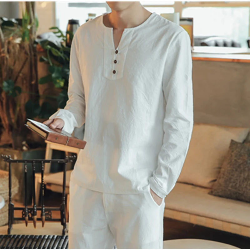 Herren Langärmeliges Henley-Loungewear-Oberteil mit Stehkragen und dekorativer Knopfleiste Nord Taschen
