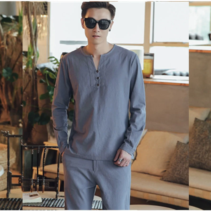 Herren Langärmeliges Henley-Loungewear-Oberteil mit Stehkragen und dekorativer Knopfleiste Nord Taschen