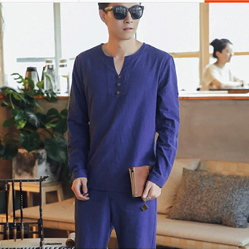 Herren Langärmeliges Henley-Loungewear-Oberteil mit Stehkragen und dekorativer Knopfleiste Nord Taschen