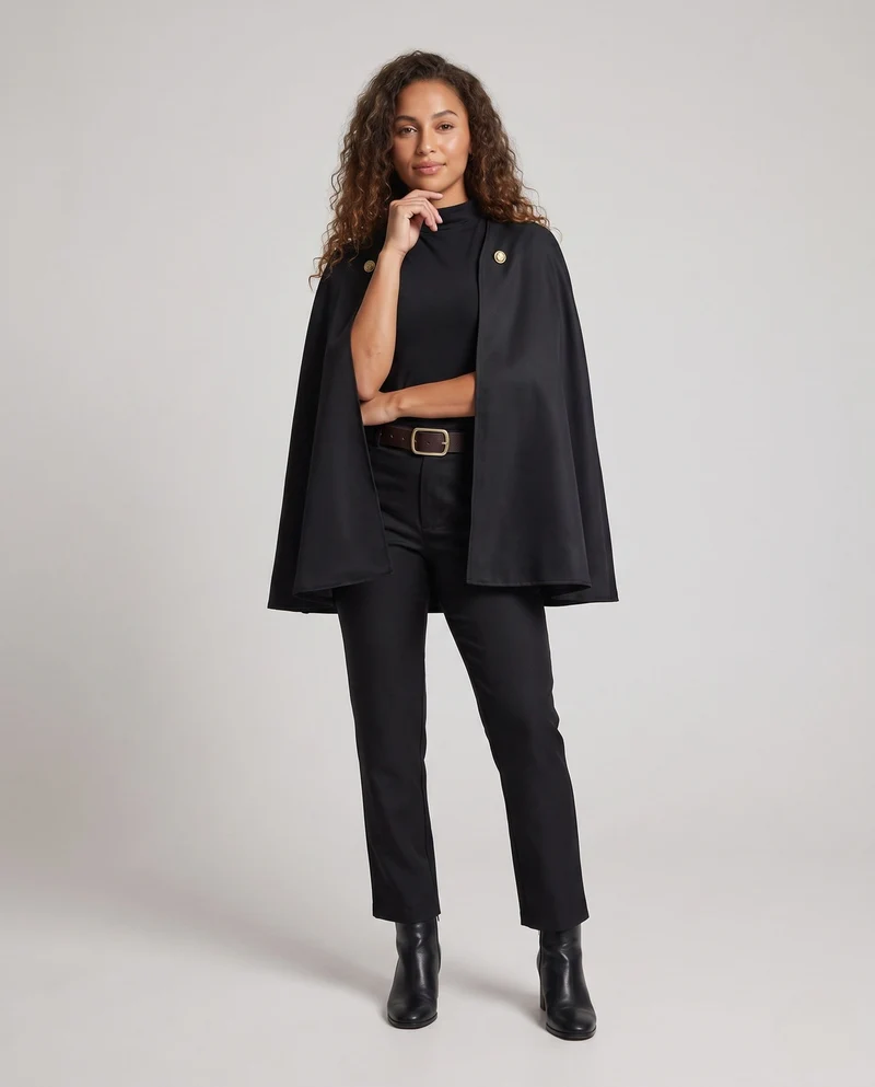 Damen elegantes Kostümset mit Umhang, Hose und Gürtel Nord Taschen