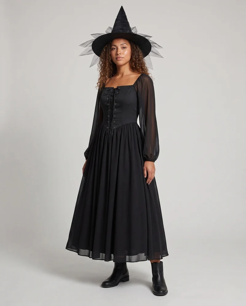 Damen Hexenkleid mit transparenten Ärmeln und verzierter Kapuze Nord Taschen