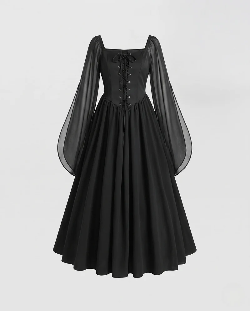 Damen Hexenkleid mit transparenten Ärmeln und verzierter Kapuze Nord Taschen
