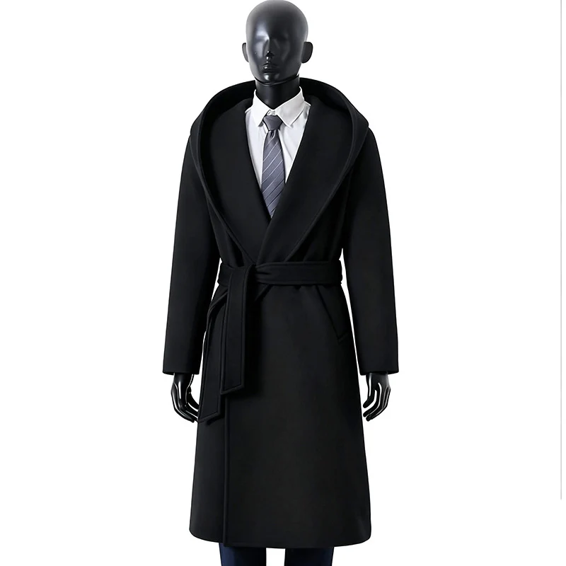Herren Robenmantel aus Wollmix mit weitem Schalkragen und Bindegürtel Nord Taschen