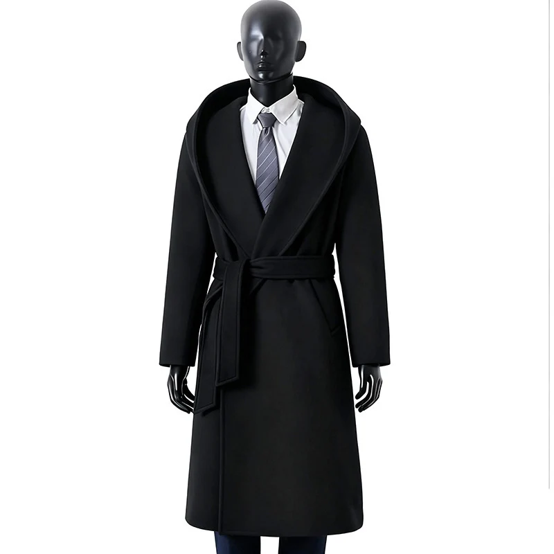 Herren Robenmantel aus Wollmix mit weitem Schalkragen und Bindegürtel Nord Taschen