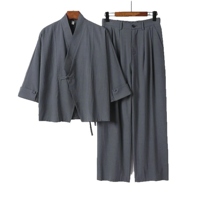Herren Modernes Zen-Loungewear-Set aus Leichtem Material mit Kurz-Kimono und tailliert-zulaufender Bundhose Nord Taschen