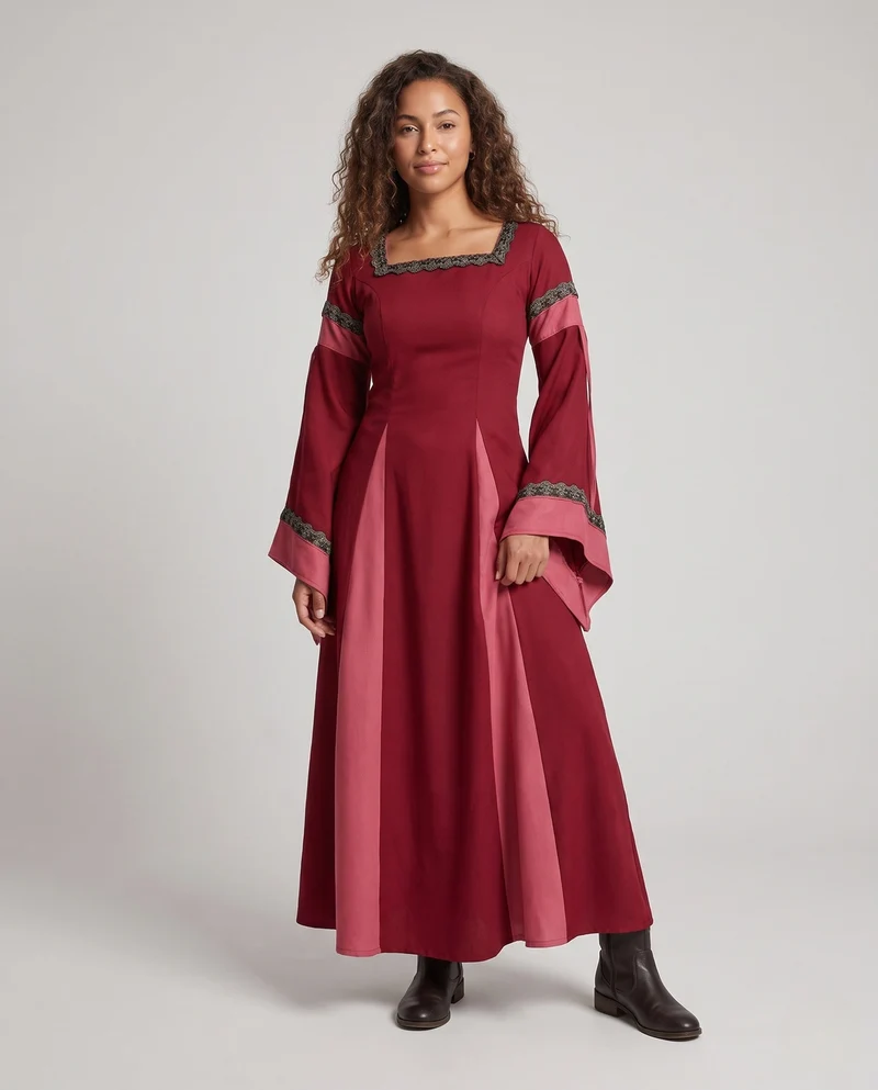Damen Historisches Lange Kleid mit Eleganten Ärmeln und Schnürung Nord Taschen