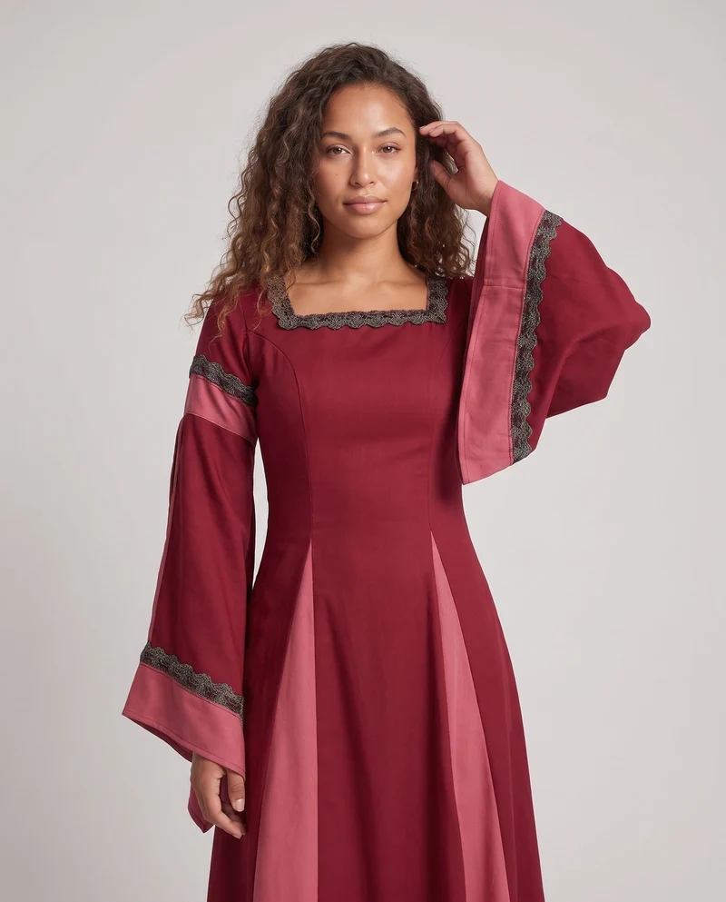 Damen Historisches Lange Kleid mit Eleganten Ärmeln und Schnürung Nord Taschen