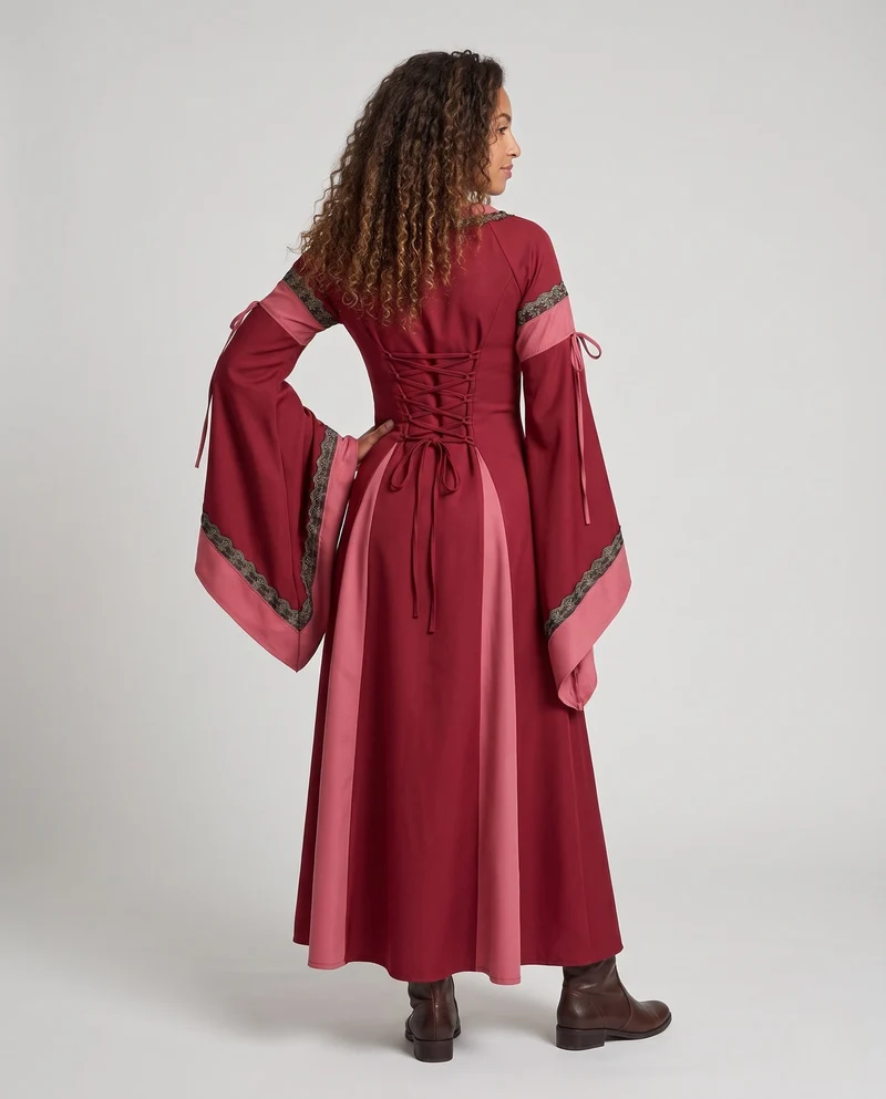 Damen Historisches Lange Kleid mit Eleganten Ärmeln und Schnürung Nord Taschen