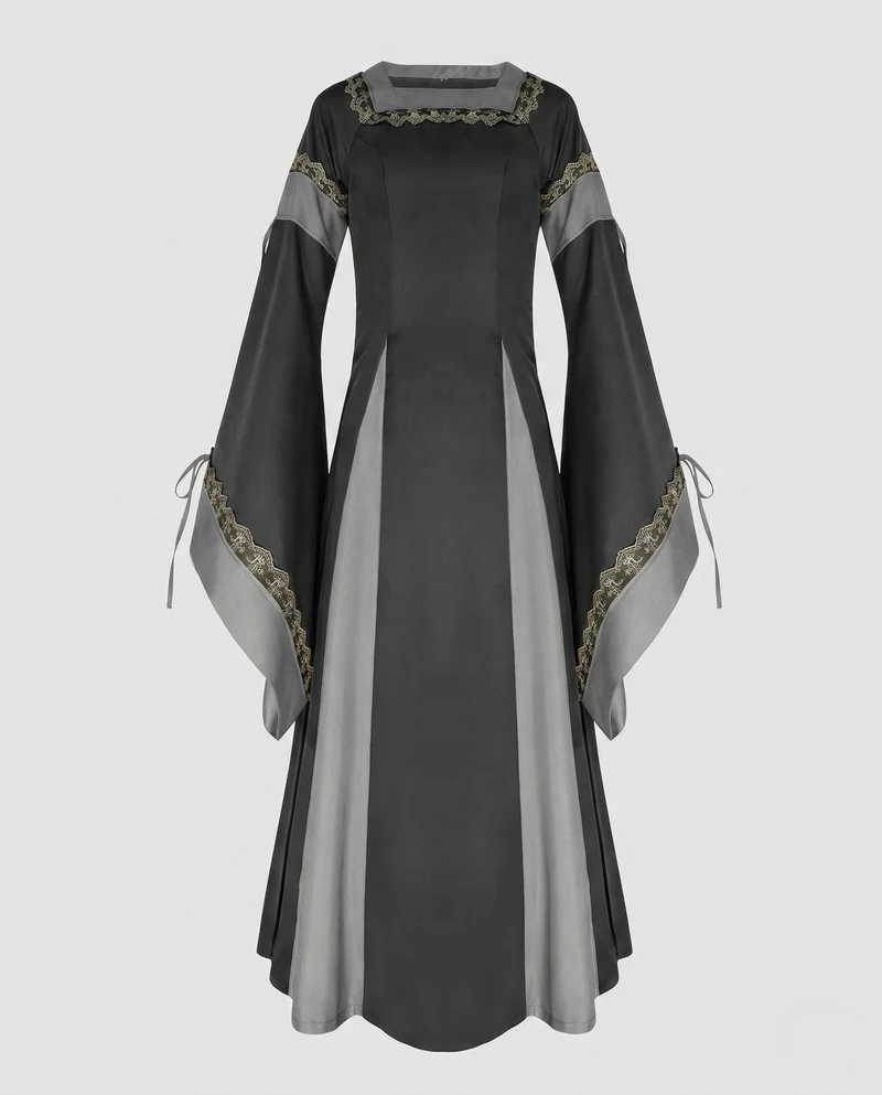 Damen Historisches Lange Kleid mit Eleganten Ärmeln und Schnürung Nord Taschen