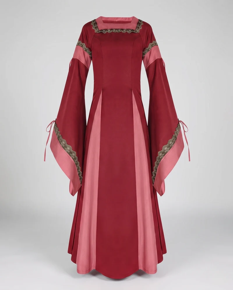 Damen Historisches Lange Kleid mit Eleganten Ärmeln und Schnürung Nord Taschen