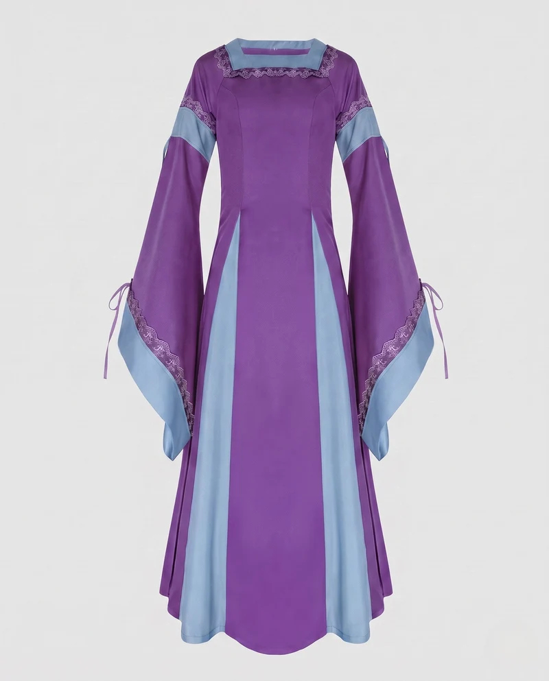 Damen Historisches Lange Kleid mit Eleganten Ärmeln und Schnürung Nord Taschen