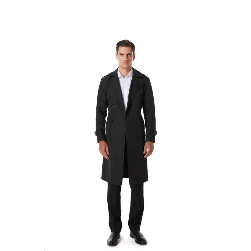 Herren Knielanger Trenchcoat im klassischen Doppelreiher mit Schulterklappen und Taillengürtel Nord Taschen
