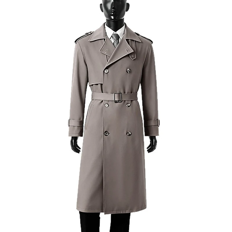 Herren Knielanger doppelreihiger Trenchcoat mit Epauletten, Sturmklappe und Manschettenriegel Nord Taschen