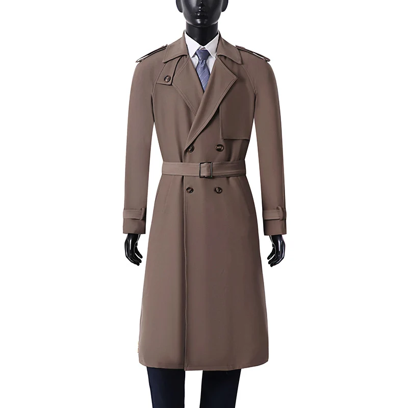 Herren Klassischer Doppelreihiger Trenchcoat aus leichtem Wollmix mit Schalkragen und Epauletten Nord Taschen