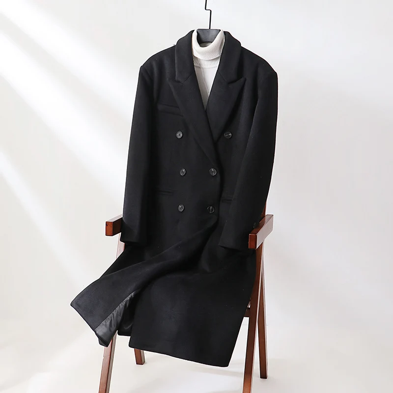 Herren Klassischer Doppelreiher-Longcoat aus Wollmischung mit Schalkragen und feiner Innenfutterverarbeitung Nord Taschen