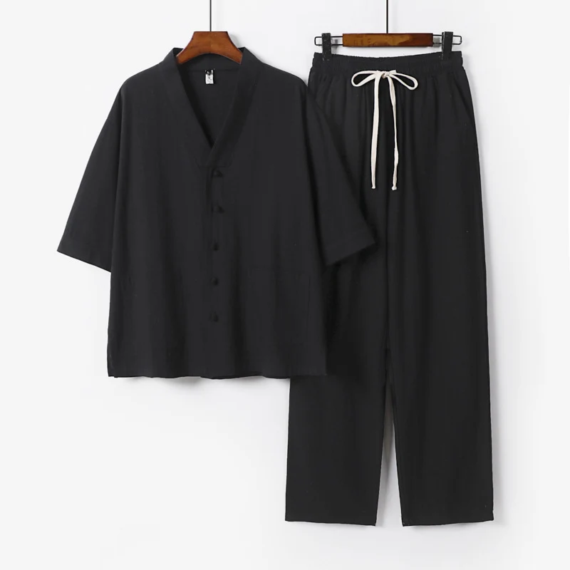 Herren Kimono-Zweiteiler aus Leinenmischung mit V-Ausschnitt, aufgesetzten Taschen und Kordelbundhose Nord Taschen