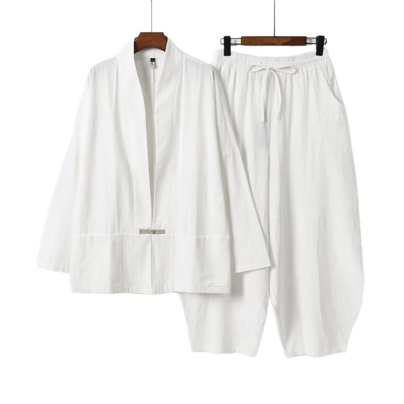 Herren Kimono-Loungewear-Set mit kurzem Schalkragen und weiten Harem-Bundhosen Nord Taschen