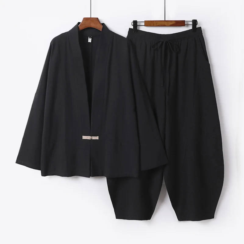 Herren Kimono-Loungewear-Set mit kurzem Schalkragen und weiten Harem-Bundhosen Nord Taschen