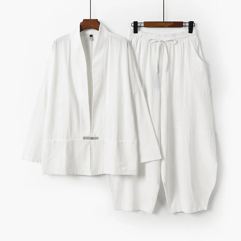 Herren Kimono-Loungewear-Set mit kurzem Schalkragen und weiten Harem-Bundhosen Nord Taschen
