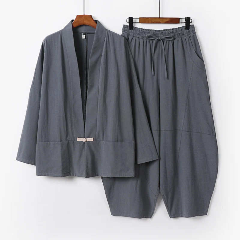 Herren Kimono-Loungewear-Set mit kurzem Schalkragen und weiten Harem-Bundhosen Nord Taschen