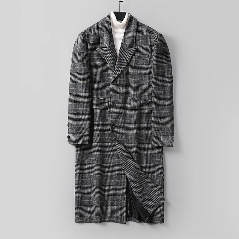 Herren Karierter Longcoat aus Wollmix mit klassischem Revers und geradem Schnitt Nord Taschen
