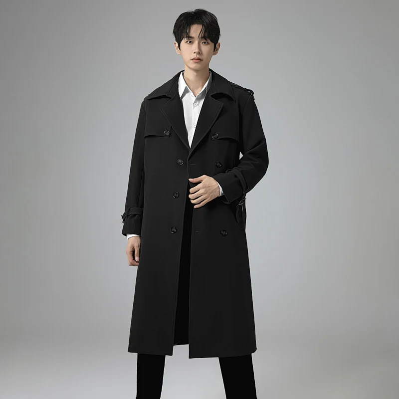 Herren Moderner Maxilanger Doppelreihiger Trenchcoat mit klassischem Revers und verstellbaren Manschetten Nord Taschen
