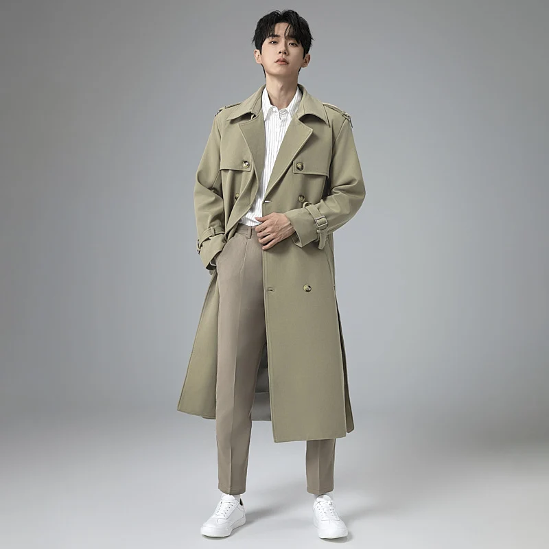 Herren Moderner Maxilanger Doppelreihiger Trenchcoat mit klassischem Revers und verstellbaren Manschetten Nord Taschen