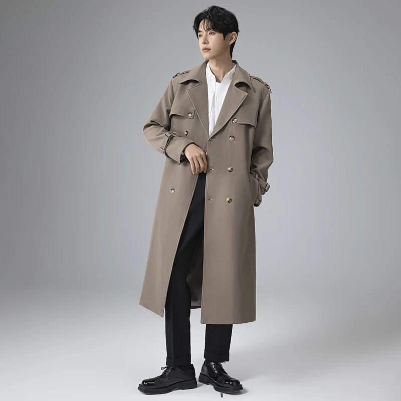 Herren Moderner Maxilanger Doppelreihiger Trenchcoat mit klassischem Revers und verstellbaren Manschetten Nord Taschen
