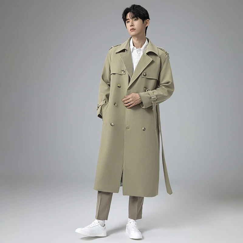 Herren Moderner Maxilanger Doppelreihiger Trenchcoat mit klassischem Revers und verstellbaren Manschetten Nord Taschen