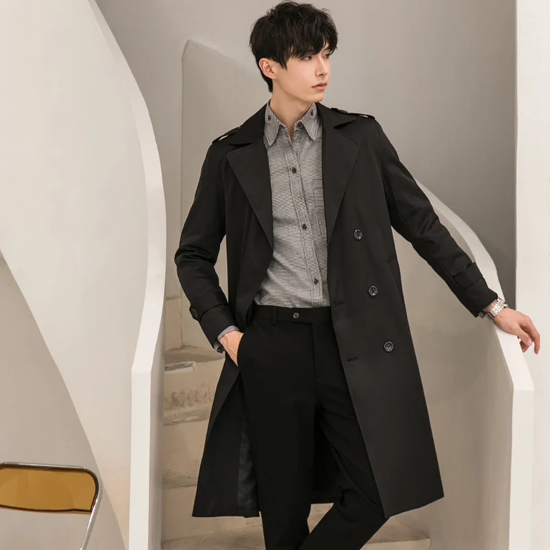Herren Moderner leichter Trenchcoat mit Doppelreihe Taillengürtel und Schulterpatten Nord Taschen