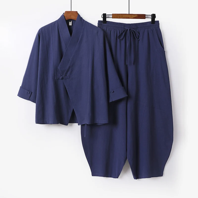 Herren Minimalistisches Kimono-Lounge-Set aus atmungsaktivem Baumwollmix mit ballonförmiger Bundhose Nord Taschen