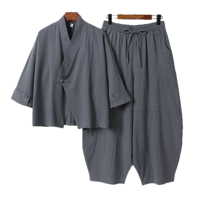 Herren Minimalistisches Kimono-Lounge-Set aus atmungsaktivem Baumwollmix mit ballonförmiger Bundhose Nord Taschen