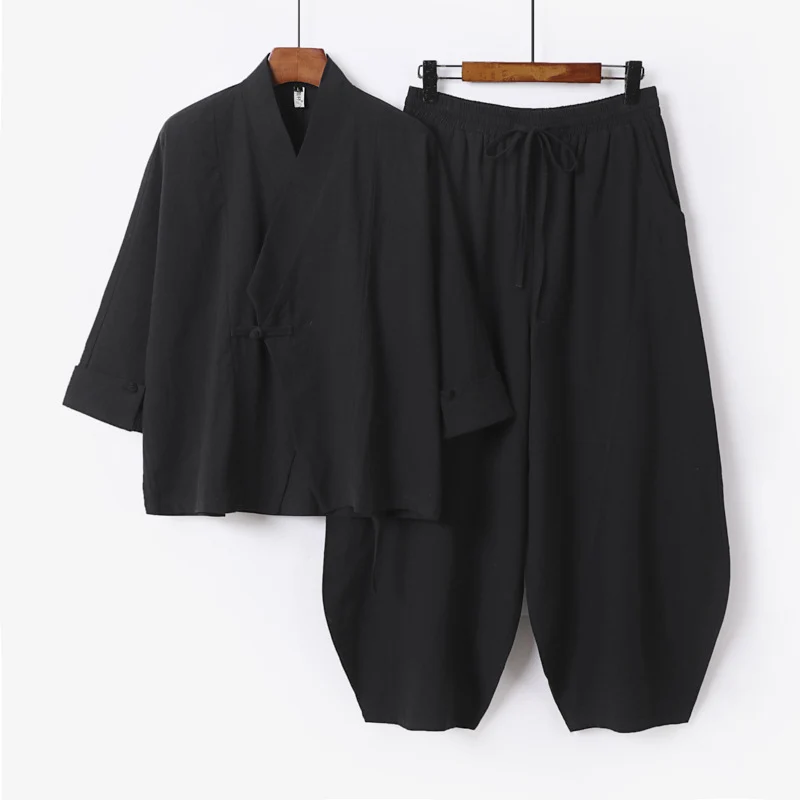Herren Minimalistisches Kimono-Lounge-Set aus atmungsaktivem Baumwollmix mit ballonförmiger Bundhose Nord Taschen