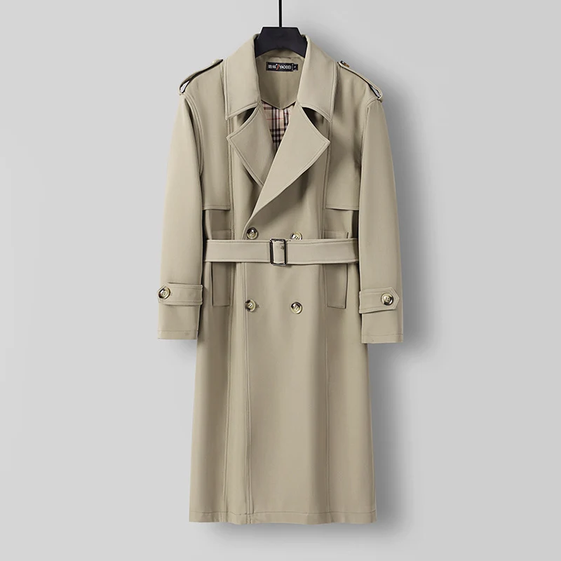 Herren Midilanger Doppelreihiger Trenchcoat mit Taillengürtel, abgefalcetem Revers und kariertem Innenfutter Nord Taschen