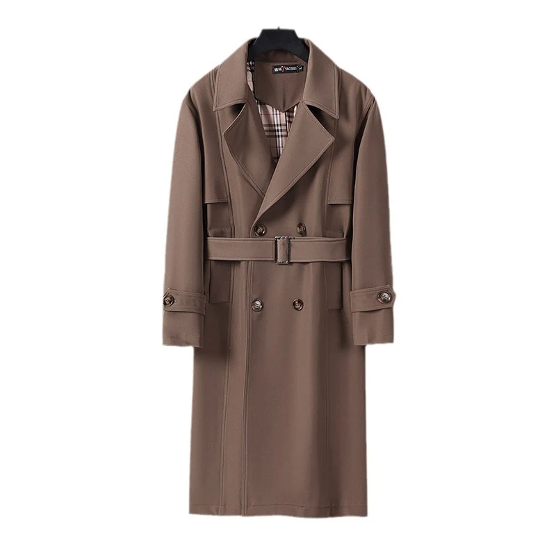 Herren Midilanger Doppelreihiger Trenchcoat mit Taillengürtel, abgefalcetem Revers und kariertem Innenfutter Nord Taschen
