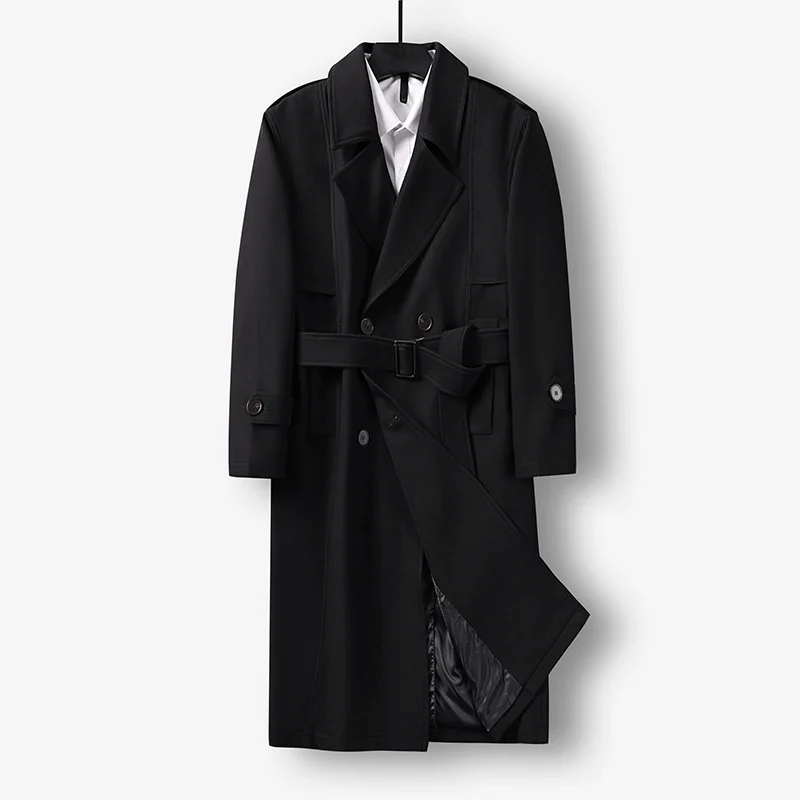 Herren Midilanger Doppelreihiger Trenchcoat mit Taillengürtel, abgefalcetem Revers und kariertem Innenfutter Nord Taschen