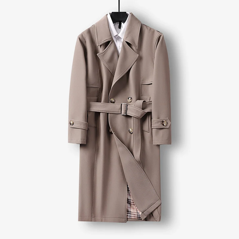 Herren Midilanger Doppelreihiger Trenchcoat mit Taillengürtel, abgefalcetem Revers und kariertem Innenfutter Nord Taschen