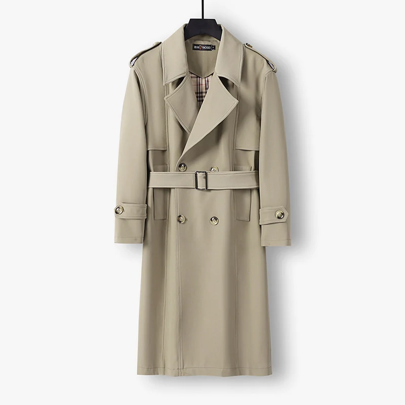 Herren Midilanger Doppelreihiger Trenchcoat mit Taillengürtel, abgefalcetem Revers und kariertem Innenfutter Nord Taschen