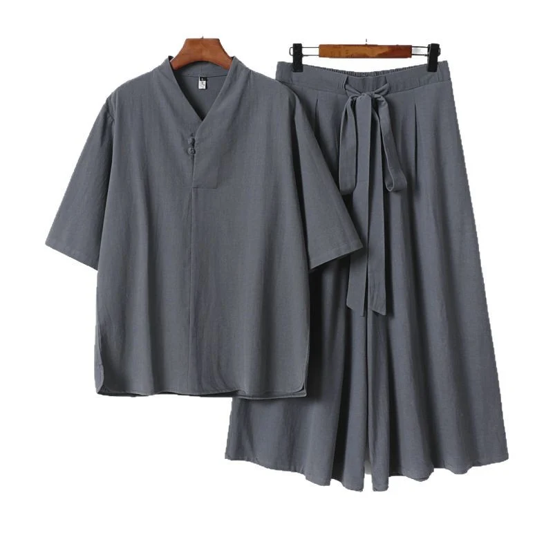 Unisex Zweiteiliges Kimono-Lounge-Set mit Stehkragen Kurzarmtop und weiter Bindbundhose Nord Taschen