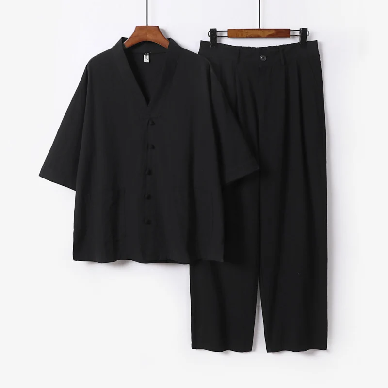 Unisex Zen-inspiriertes Relax-Set mit Kurzarm-Kimono-Oberteil, verdeckter Knopfleiste und elastischer Bundhose Nord Taschen