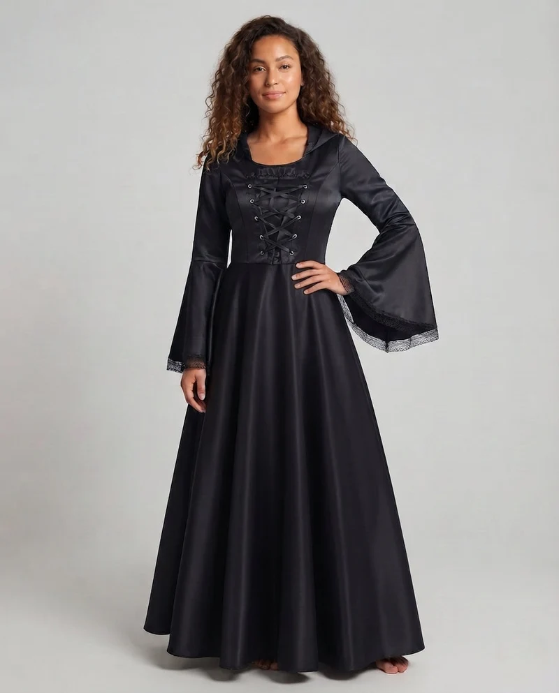 Damen Kapuzenkleid mit schwingendem Rock und Spitzenverzierungen Nord Taschen